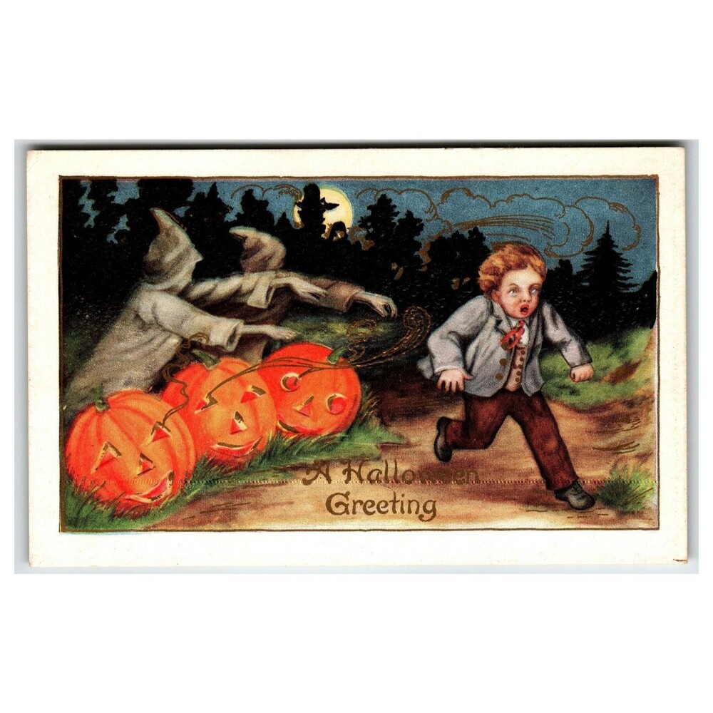 Vintage 1907-1915 Halloween Postcard Boy Running from Ghosts & Pumpkins